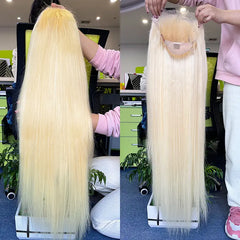 #613 Blonde personnalisée HD/Transparent Frontal perruque de cheveux bruts droite