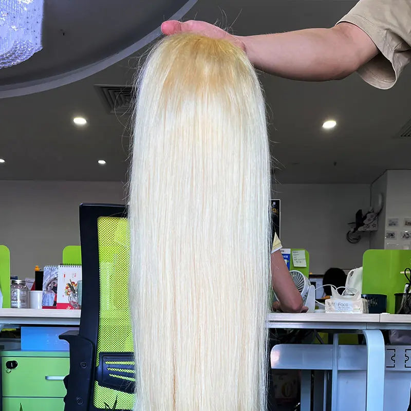 #613 Blonde personnalisée HD/Transparent Frontal perruque de cheveux bruts droite