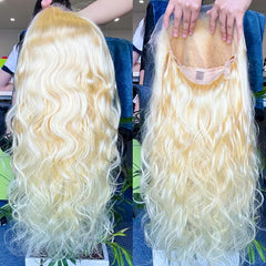 #613 Blonde personnalisée HD/Transparent Frontal perruque de cheveux bruts vague de corps