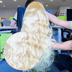 #613 Blonde personnalisée HD/Transparent Frontal perruque de cheveux bruts vague de corps