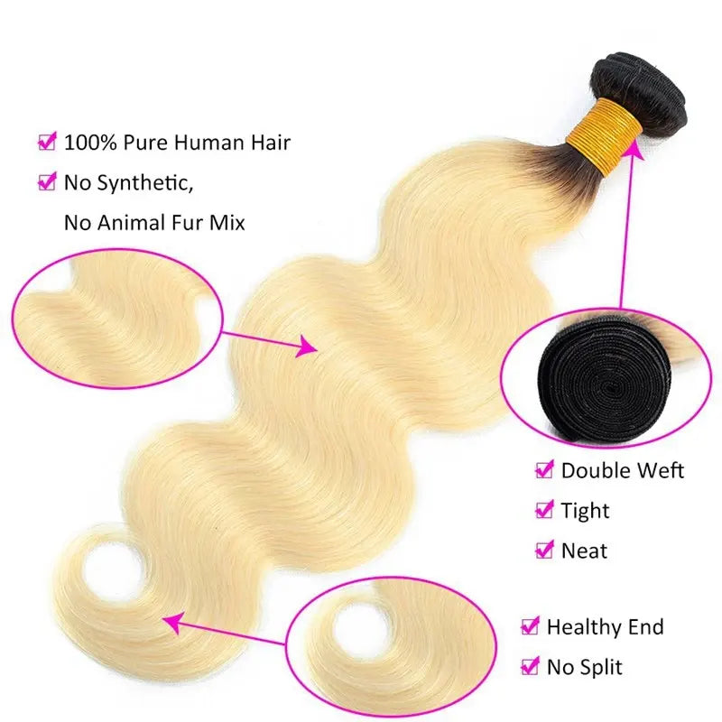 9A # 1B/613 cheveux blonds avec racines foncées tissage de cheveux vague de corps