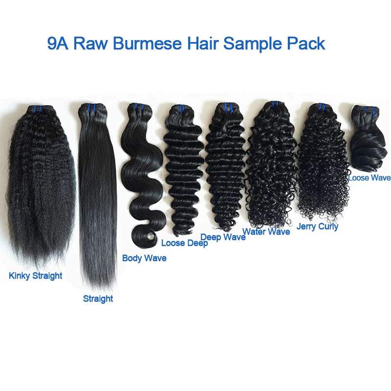 9A Raw Burmese Hair Sample Pack (4 Bundles) – Mixed Textures