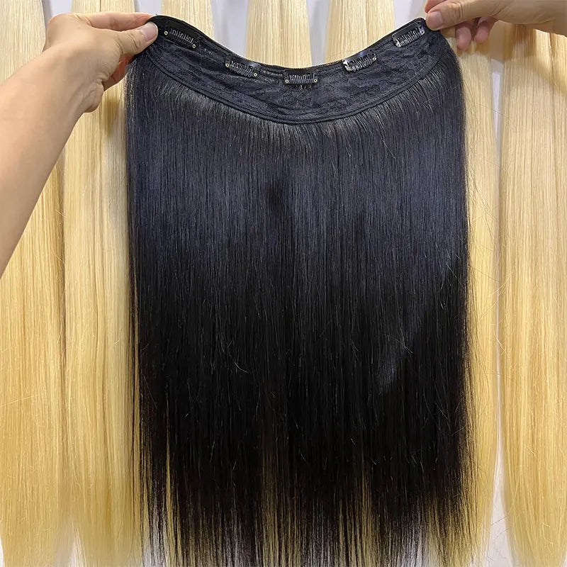 Extensions de cheveux humains vierges à clipser en forme de U, une pièce, 3/4 tête complète